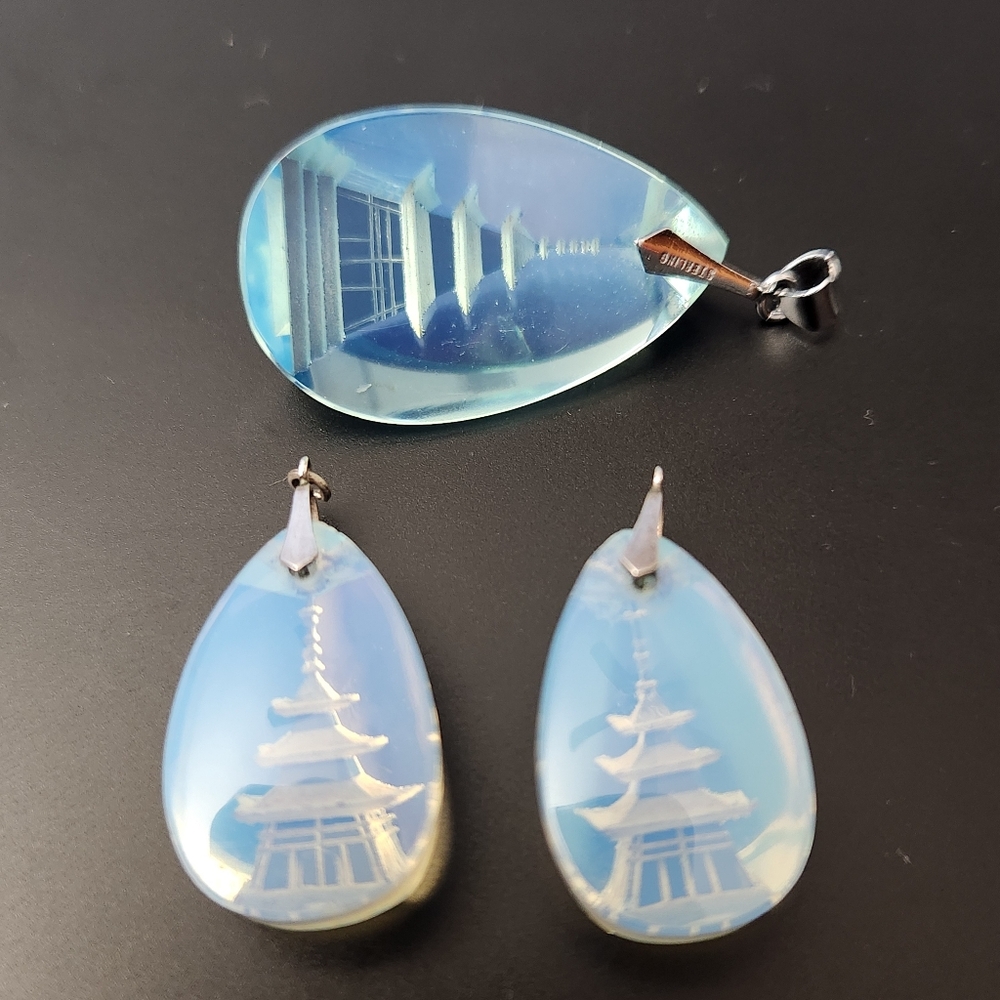 Vintage Japanese Intaglio Glass Pagoda Pendants